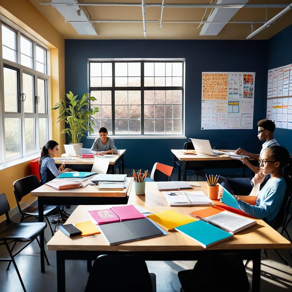 A modern student workspace showcasing an array of essential resources for academic excellence, including textbooks, a laptop, colorful stationery, and inspirational posters on the walls. The scene captures a diverse group of students collaborating around a table, immersed in study. A warm and inviting atmosphere with sunlight streaming through a window, creating a sense of focus and motivation. super-realistic. vibrant colors. educational theme.