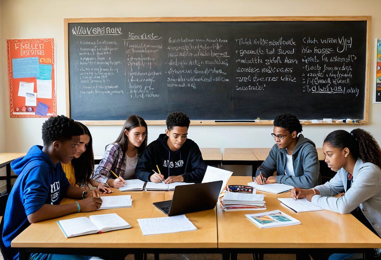 A diverse group of high school students gathered around a large table filled with study materials, laptops, and books, engaged in a collaborative study session. In the background, a chalkboard displays motivational quotes and academic tools symbolizing the WBCHSE framework. The setting is brightly lit with vibrant colors, showcasing an inspirational and interactive learning environment. super-realistic. vibrant colors. educational theme.