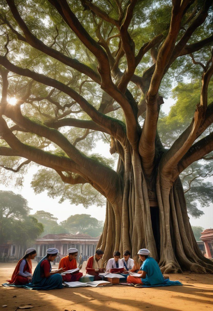A scenic view of West Bengal that blends traditional and modern elements, featuring students studying under a grand banyan tree while holding textbooks and digital devices. Include symbols of academic success like graduation caps, books, and a map of the West Bengal education system. The background showcases iconic architecture of West Bengal, like historical temples and modern schools, with vibrant color palettes reflecting the region’s culture. super-realistic. vibrant colors. educational theme.